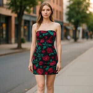 Vintage 90s Strapless Mini Dress Size L/10 - Vibrant Rose Floral Print Black